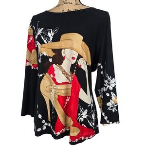 Nygard Collection Womens XL‎ Black Graphic Print Long Sleeve Top Woman Hat Heels